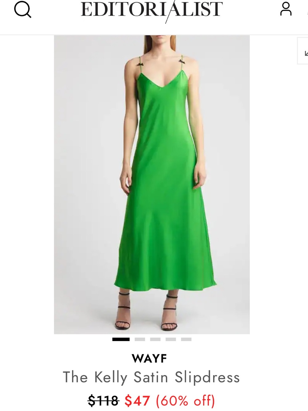WAYF Kelly Satin Slip Dress Green Midi Spaghetti Strap V-Neck Size XS NWT